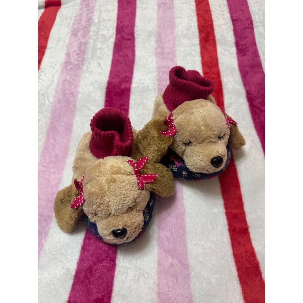 Gymboree Toddler Girls Puppy Dog Plush Slippers Pink Bows Floral Size 5/6 SM